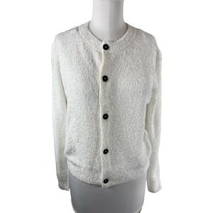 White Eyelash Knit Button Front Cardigan Sweater TW-2411Y Crew Neck Fuzzy